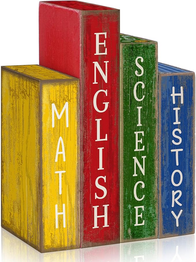 Lineshading 4 Pcs Back to School Table Decoration Wooden Subject Decoration Welcome Back to School Tiered Tray Decor Wood Book Sign Farmhouse for Class Party Home Shelf Coffee Table