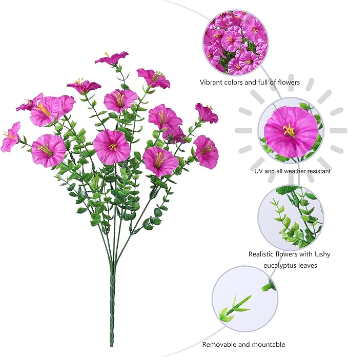 Ivydale 24 Bundles Artificial Flowers for Outdoors Faux Plants Spring Outdoor Decor Faux Silk Morning Glory with Eucalyptus Realistic UV Resistant for Outside Planters Porch Patio Garden Home Decor