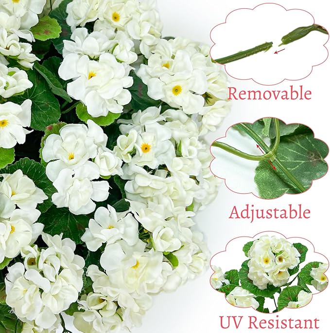 Artificial Geraniums Flowers for Outdoors Spring Decor, 4 Bundles UV Resistant Fake Geraniums Flowers Silk Faux Plants for Home Planter Gardens Table Patio Porch Indoor Cemetery Summer Decor(White)