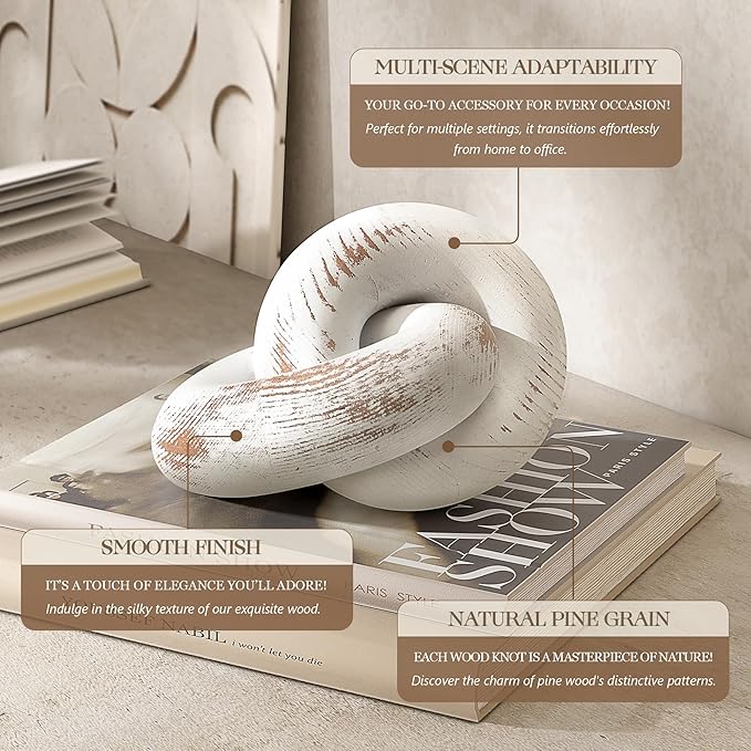EOSAHR Rustic Pine Wood Knot Decor – Stylish 2-Link Wood Chain Link Decor for Coffee Table, Book Shelf & Side Table – Decorative Room Accessories for Living Room (Distressed White)