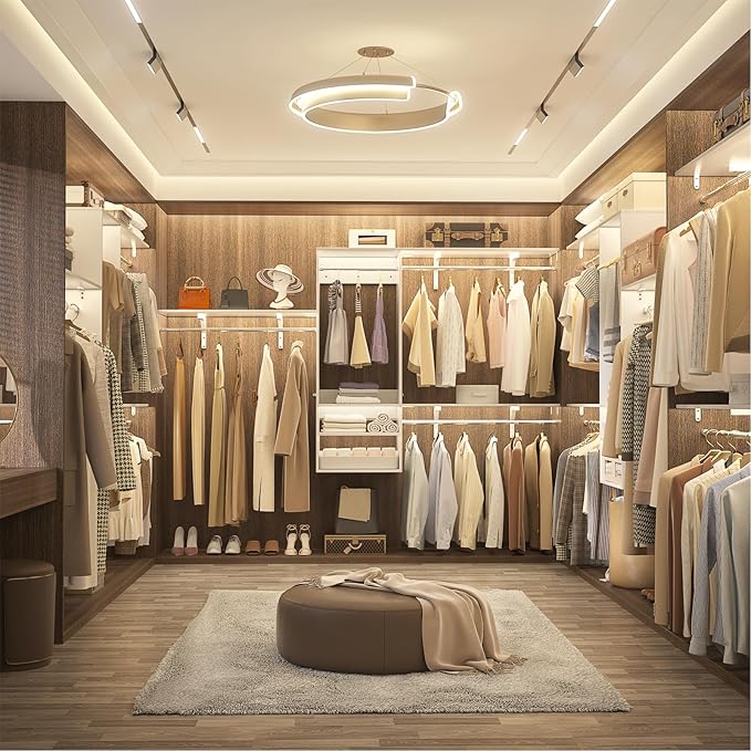 8FT Hanging Closet System, 96 Inch Closet Organizer System with Hanging Rod, Walk In Mounted Closet System, Built-In Clothes Garment Rack with 3 Shelving Towers(Can Be Cut To Fit), White