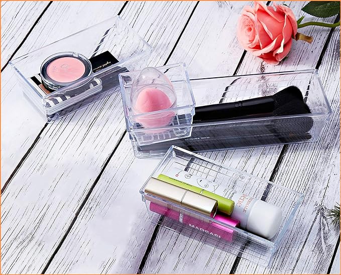 DCA 28 PCS Clear Plastic Drawer Organizers Set, 4-Size Versatile Bathroom and Vanity Drawer Organizer Trays, Storage Bins for Makeup, Bedroom, Kitchen Gadgets Utensils and Office