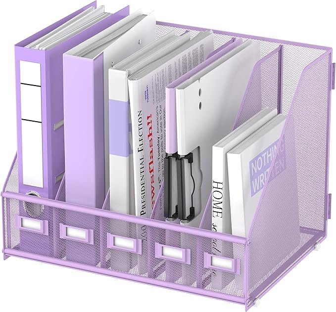 SUPEASY Desk Organizers Metal Desk Magazine File Holder with 5 Vertical Compartments Rack File Organizer for Office Desktop, Classroom, Home Workspace, Purple Plus