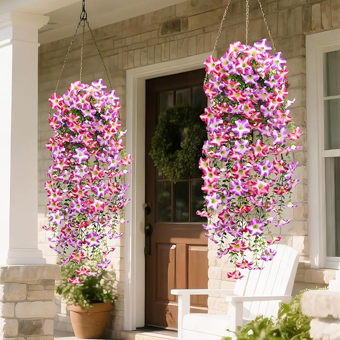 Waipfaru Artificial Petunias Flowers for Outdoors, 2 Pcs UV Resistant Fake Hanging Plants Spring Outside Decor, Faux Silk Flowers Long Trailing Vines for Outdoor Planters Porch Garden (Purple Fuchsia)