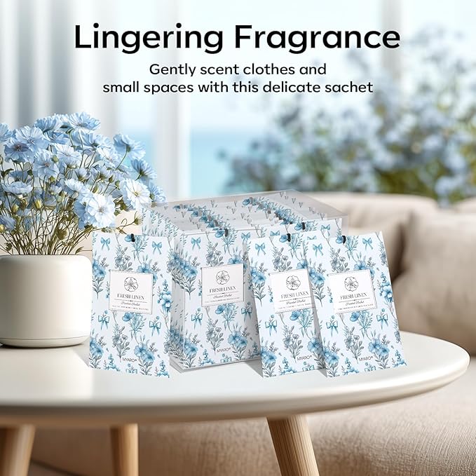 MYARO 20 Pack Scented Sachets Air Freshener for Home：Fresh Linen Hanging Fragrance Potpourri Bag – Home Decor Odor Freshener for Closet, Drawer, Storage, Suitcase, Bathroom – Housewarming Gift