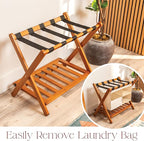 Fully Assembled Walnut Bamboo Folding Luggage Rack for Guest Room, 26.75" Folding Suitcase Stand with Removable Laundry Bag & Storage Shelf, Heavy Duty Foldable Luggage Stand for Bedrooms, Hotels, Airbnbs Holds 215lb