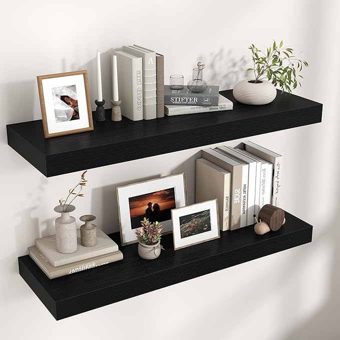 Venusmiles Floating Shelves for Wall, 40" W x 12" D x 2" H, 2 Pack of Long Wall Mounted Engineered Wood Shelves with Invisible Brackets for Living Room, Bedroom, Bathroom, Kitchen Decor, Black