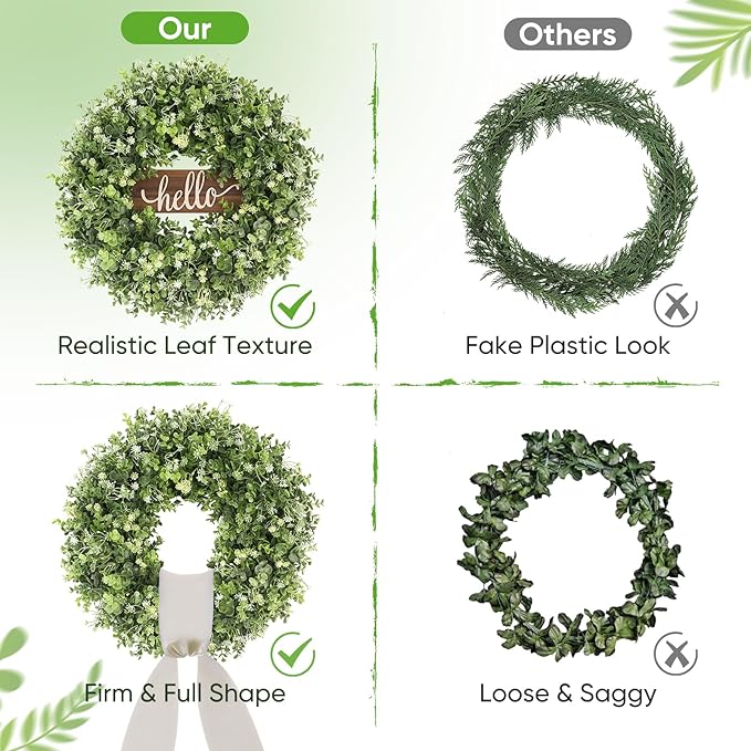 20" Boxwood Wreath for Front Door - UV Resistant Artificial Greenery Wreath with Detachable Hello Sign & Sash, All-Season Spring or Summer Wreaths Decorative Wreath for Indoor/Outdoor Wall