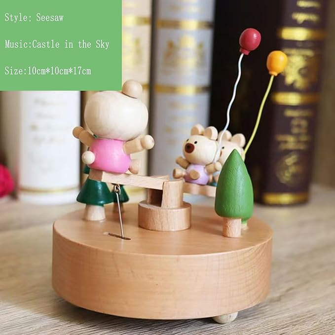 Natural Solid Wood Handcrafted Beech Wooden, Musical FigureTotoro/Carousel/Fairy/Ballerina Figurine,Rotating Hand Crank Mechanism Music Box,Musical Decorations (Seesaw)