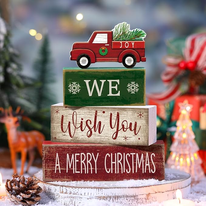 Lineshading 4 Pcs Rustic Christmas Decor Wooden Red Truck Winter Tiered Tray Decor Merry Christmas Table Centerpiece Wood Red Truck Block Sign Gift Farmhouse for Home Kitchen Tabletop Office Shelf