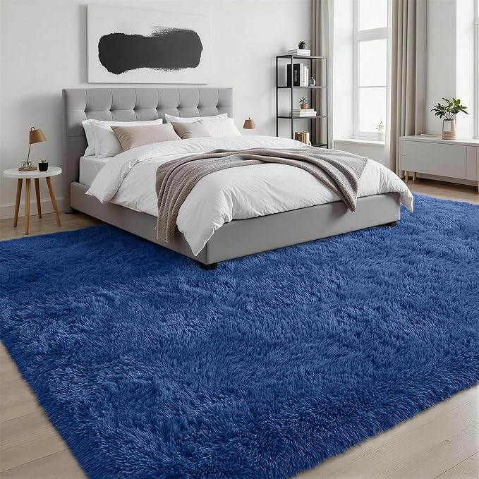 8x10 Area Rugs for Living Room Bedroom: Ultra Soft Fluffy Shag Rug Upgrade Non-Slip Non-Shedding Large Fuzzy Plush Carpet Indoor Floor Carpets for Kids Room Playroom Nursery Dorms Home Decor Blue