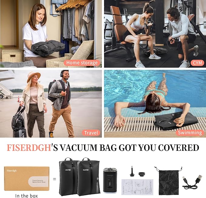 Vacuum Compression Bags for Travel with Electric Pump, Space Saver Vacuum Seal Bags for Clothing with IPX8 Waterproof Zipper, Reusable & No Odor for Suitcase and Backpack, Gray (2PC+Pump)