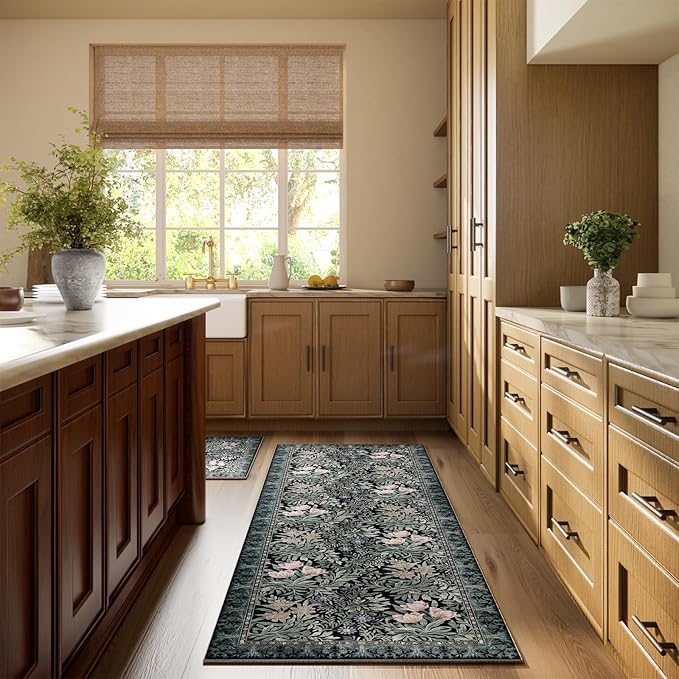 Washable Runners for Hallways Area Rugs 2x6 Black Green Vintage Floral Botanical Pattern Perfect for Soft Hallway Rug Carpet for Kitchen Bedroom Bathroom Laundry Room