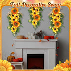 Lyrow 4 Pcs Cordless Prelit Christmas Sunflower Artificial Swags 24" Stairway Teardrop Trim Swag with Timer Christmas Staircase Decoration Battery Operated Garland for Indoor Outdoor Railing Decor