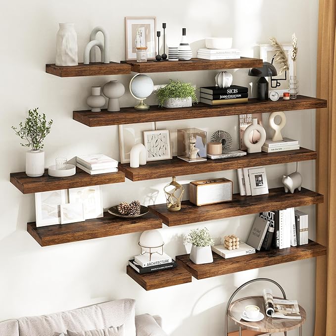 16 Inch Floating Shelves for Wall 2 Pack, 12"D Wood Grain Bathroom Shelves with Invisible Brackets, Easy Install Engineered Wood Storage Shelves for Kitchen, Living Room, Bedroom, Rustic Brown Finish