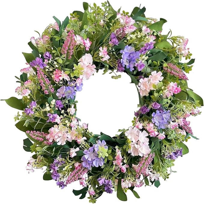 24 Inch Spring Summer Wreaths for Front Door, Purple Pink Hydrangea Wreath with Wildflowers Purple Forsythia, Artificial Silk Floral Wreath Farmhouse Rustic Decor for Outdoor Wall Window Home