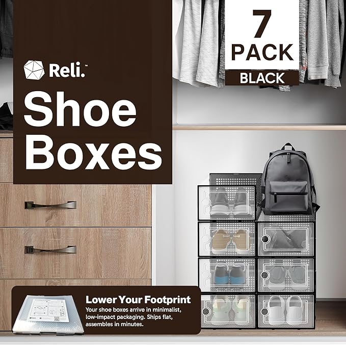 Reli. Shoe Boxes (7 Pack) | Clear Shoe Storage Boxes Stackable and Compact | Lightweight Plastic Storage Box with Ventilation Holes, Swing Door | Interlocking Containers, Stackable Rack | Black