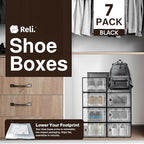 Reli. Shoe Boxes (7 Pack) | Clear Shoe Storage Boxes Stackable and Compact | Lightweight Plastic Storage Box with Ventilation Holes, Swing Door | Interlocking Containers, Stackable Rack | Black