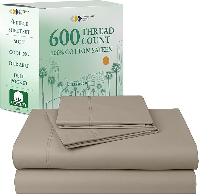 California Design Den - Luxury Full Size Sheet Set - 100% Cotton, 600 Thread Count Deep Pocket Full Size Bed Sheets, Hotel-Quality Cooling Sheets with Sateen Weave (Cool Taupe)