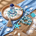 Janinka 2 Pcs Farmhouse Seashell Bead Garland with Tassels Decorative Beads Decor Nautical Farmhouse Tiered Tray Decorations Set Coastal Garland for Home and Kitchen, Wooden Beads (Blue)