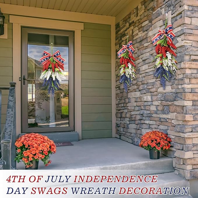 24inch Patriotic Red, White and Blue Floral Swag Wreath for Front Door Patriotic American Floral Teardrop Swags 4th of July Independence Day Rings Wreaths for Pillars Porch Wall Window Decor