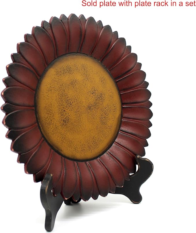 CVHOMEDECO. Sunflower Plate with Rack Country Vintage Display Wooden Plate Home and Office Décor Art, 11 Inch (Burgundy Plate with Rack)