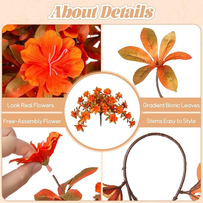 Fall Flowers Artificial for Decoration, Fake Silk Rhododendron Flowers for Outdoors, 2 Bundles Faux Azalea Outside UV Resistant No Fade Floral for Home Garden Balcony Walkway Wedding Party Decor