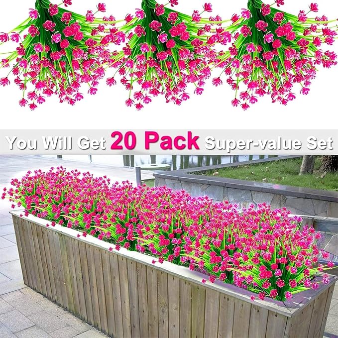 TURNMEON 20 Bundles Artificial Flowers for Outdoors Fake Plants Spring Decor, UV Resistant Artificial Plants Cemetery Flowers Faux Plastic Greenery Shrub for Home Porch Summer Decor 580 Heads(Magenta)