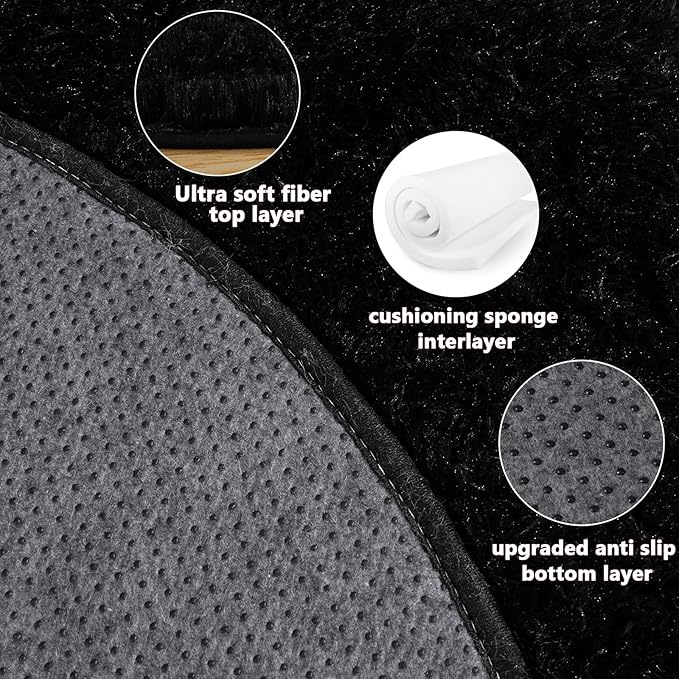 5'x5' Black Round Rug for Bedroom, Ultra Soft Fluffy Circle Rug for Kids Girls Boys Room, Cute Shag Rugs for Living Room Playroom Teen Room Home Decor Rug
