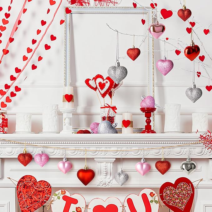 36PCS Heart Ornaments, 2 Sizes Shaped Hanging Ornaments in Red Pink Silver Colors, Glossy Baubles for Love Day Decor, Decorations for Wedding Party