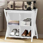 Luggage Rack for Guest Room, Folding Suitcase Stand with Fabric Storage Shelf, Luggage Holder, Steel Foldable Luggage Stand for Guest Room, Bedroom, Hotel, White