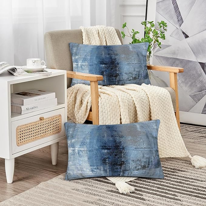 Blue and Grey Abstract Art Artwork Pillow Cover, Gallery Modern Decorative Throw Pillows Cushion Cover for Bedroom Sofa Living Room 12 x 20 Inch Set of 2