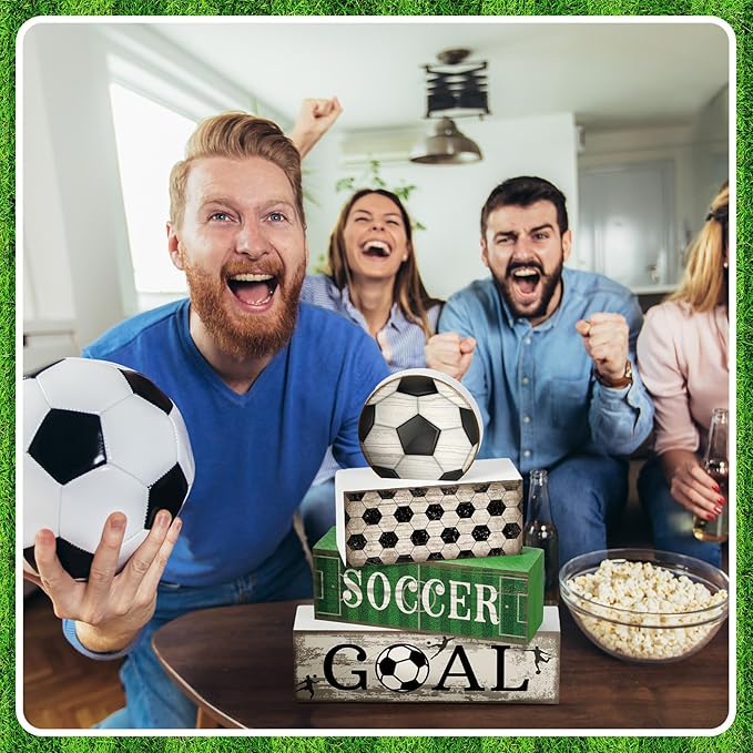 Moucuny 4 Pcs Soccer Party Decorations Soccer Table Centerpiece Football Tiered Tray Decor Wooden Ball Block Signs Gift Sports Themed Table Decorations for Boys Baby Shower Party Supplies Decor