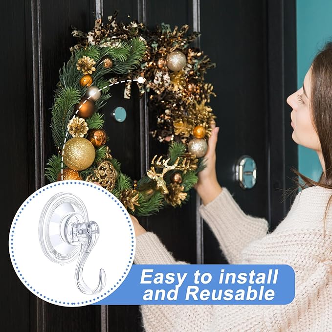 Wonderjune 6 Pcs Wreath Door Hanger Clear Heavy Duty Suction Cup Hooks 11 lb Removable Reusable Window Glass Door Wreath Holder for Christmas Kitchen Shower Bathroom Decorations
