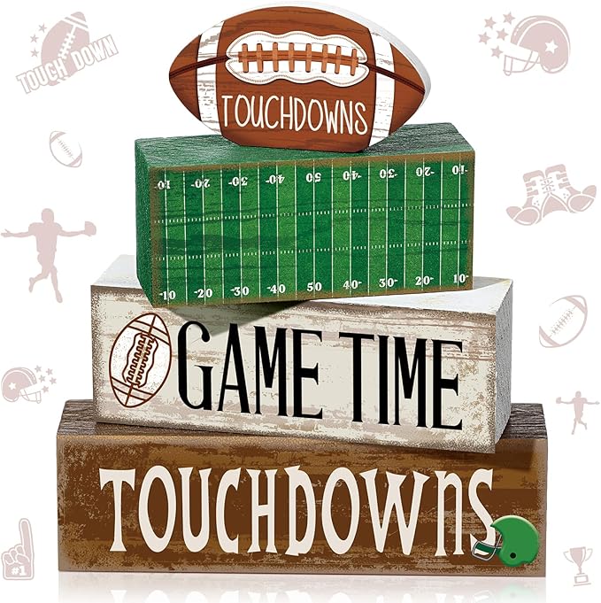 Yuntau 4 Pcs Fall Football Table Decorations Football Tiered Tray Decor Autumn Wooden Blocks Sign Game Time Touchdowns Centerpiece Decorative Faux Book Stack for Coffee Table Fireplace Mantel Shelf