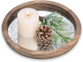Hanobe Round Wood Decorative Tray: Rustic Wooden Tray for Coffee Table Farmhouse Centerpiece Mirror Candle Holder Vintage Mirrored Bar Plate Ottoman Topper for Home Decor Bathroom Kitchen