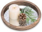 Hanobe Round Wood Decorative Tray: Rustic Wooden Tray for Coffee Table Farmhouse Centerpiece Mirror Candle Holder Vintage Mirrored Bar Plate Ottoman Topper for Home Decor Bathroom Kitchen
