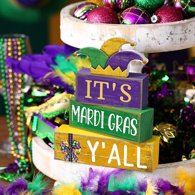 Lineshading 4 Pcs Mardi Gras Table Decorations Wooden Jester Hat Purple Golden Green Carnival Tiered Tray Decor Mardi Gras Centerpieces Decorative Hat Block Signs for Home Masquerade Party Kitchen