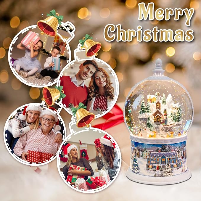 Large Christmas Snow Globes,Village Xmas Lighted Glitter Snow Globes, Musical Box with 8 Songs, 6 Hours Timer Deluxe Carousel Snow Globes
