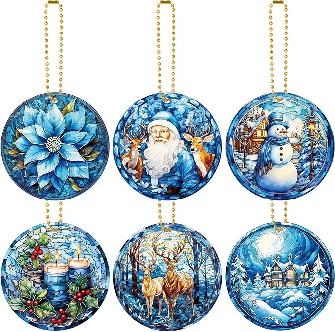 Vercraft 6 Pcs Winter Hanging Ornament Snowman Glass Style Christmas Tree Decoration Xmas Round Window Hanging Art Santa Claus Acrylic Ornament Deer Christmas Decorations