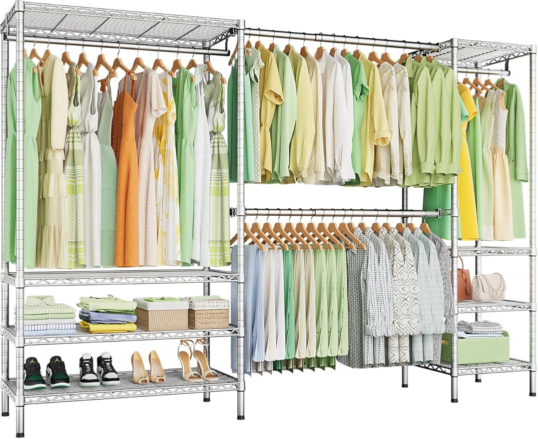 Ulif E11 Heavy-Duty Garment Rack, Metal Freestanding Clothes Rack and Closet Storage Organizer System with 8 Shelves and 4 Hanger Rods, (73.2-97.6)" W x 14.5" D x 71.2" H, Load 1034 LBS, Chrome