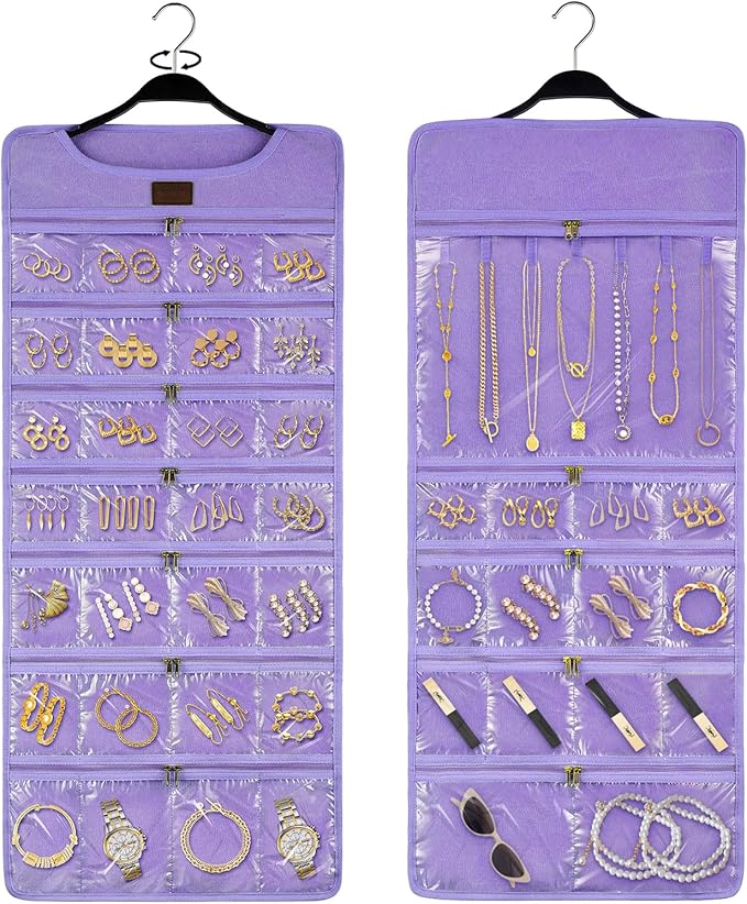 SMRITI Hanging Jewelry Organizer with Dual Zippered Pockets Canvas Double Sided Rotating Hanger Necklace Hanging Wall Organizer Earring Dustproof Holder Wall Mount Accessories Display Bag(Purple)