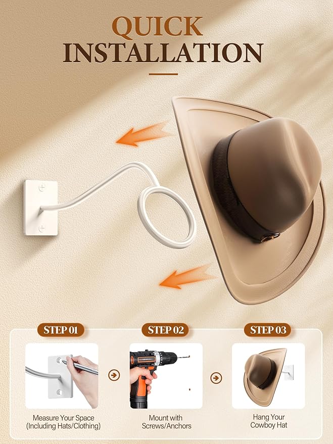 Cinati Cowboy Hat Rack for Wall, 4 Pack Cowboy Hat Holder Wall Mount, Western Rustic Metal Cowboy Hat Hanger, Hat Hooks for Cowboy Hat, Fedora, Sun Hats,Wide Brim Hat Organizer White