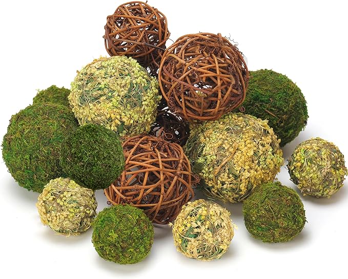 Decorative Balls for Centerpiece Bowls, 18pcs Fake Moss Balls + Wicker Rattan Balls Set Vase Bowl Filler for Home Garden Wedding Party Decor (Fresh Green + Rustic Brown)