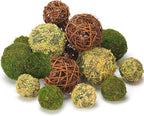 Decorative Balls for Centerpiece Bowls, 18pcs Fake Moss Balls + Wicker Rattan Balls Set Vase Bowl Filler for Home Garden Wedding Party Decor (Fresh Green + Rustic Brown)