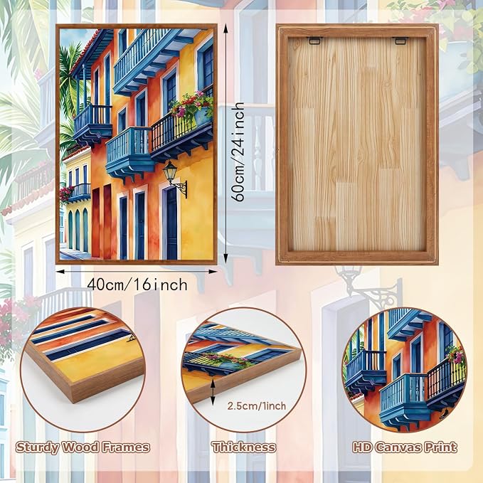 KAlRNE Vintage Cityscape Framed Canvas Wall Art Set of 3(16”X24”),Watercolor Street Scenery Wall Decor,Colorful Tropical Building Painting,Texture Botanical Art Prints For Living Room Bedroom Office