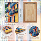 KAlRNE Vintage Cityscape Framed Canvas Wall Art Set of 3(16”X24”),Watercolor Street Scenery Wall Decor,Colorful Tropical Building Painting,Texture Botanical Art Prints For Living Room Bedroom Office
