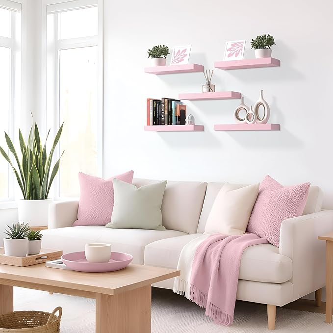 Sorbus Floating Shelves for Wall – 16 Inch Floating Shelf for Kitchen, Bedroom, Living Room, Bathroom, Home & Wall Decor - Mounted Bathroom Shelves with Invisible Brackets (Soft Pink, 5 Pack)