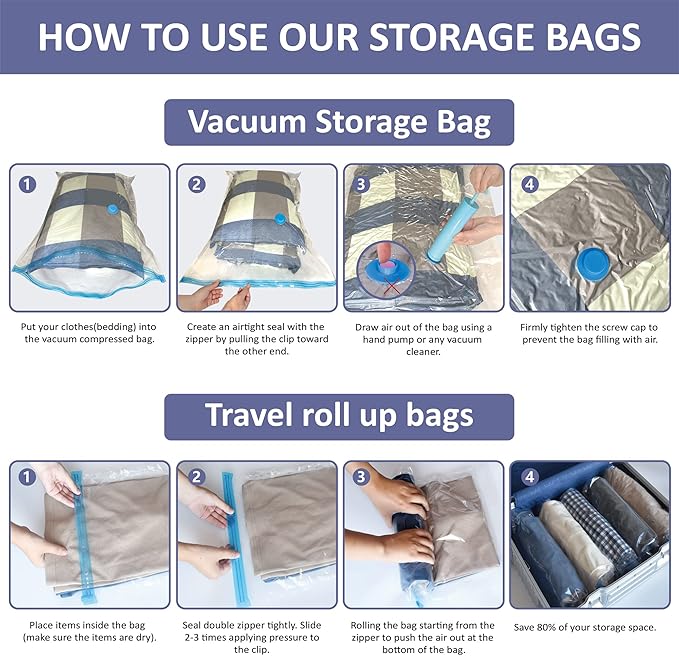 Cozy Essential Vacuum Storage Bags, Compression Space Saver Bags for Clothes, Comforters, Blankets, Pillow, Bedding, Sealer Clothing Storage,25 Combo