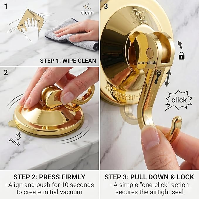Powerful Suction Cup Hooks, Lightweight Vacuum Wreath Hanger for Glass Door & Window, 20 lbs Large Waterproof Towel Hooks for Bathroom Shower, Removable No-Drill Utility Hooks, Gold Chrome